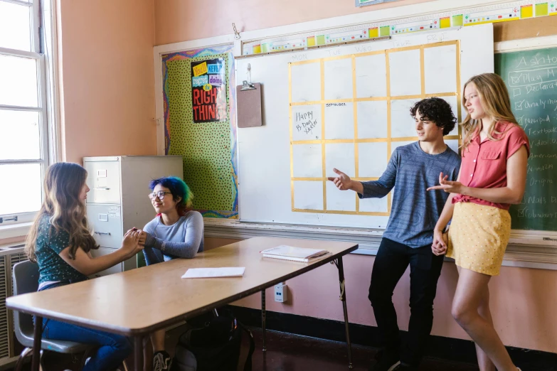 a group of people standing in front of a whiteboard, by Meredith Dillman, trending on unsplash, ashcan school, finn wolfhard, sitting in the classroom, avan jogia angel, 15081959 21121991 01012000 4k