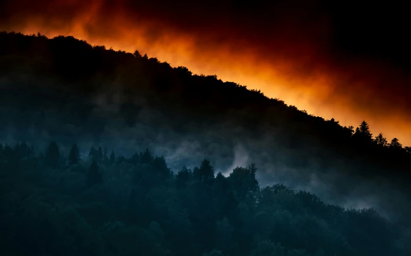 a forest filled with lots of trees on top of a hill, by Kristian Zahrtmann, pexels contest winner, romanticism, fire storm, orange and cyan lighting, black forest, (fire)