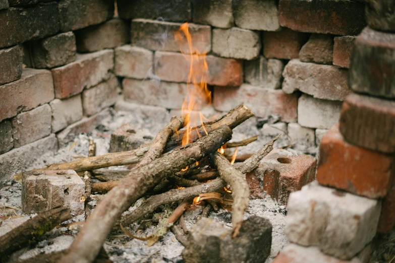 a pile of wood sitting on top of a fire pit, unsplash, land art, gas fire in cracks, with some sausages on the fire, gardening, brown