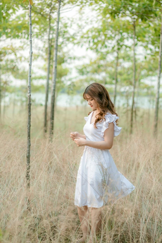 a woman standing in a field of tall grass, a picture, by Tan Ting-pho, renaissance, in serene forest setting, wearing white dress, medium format, portrait image