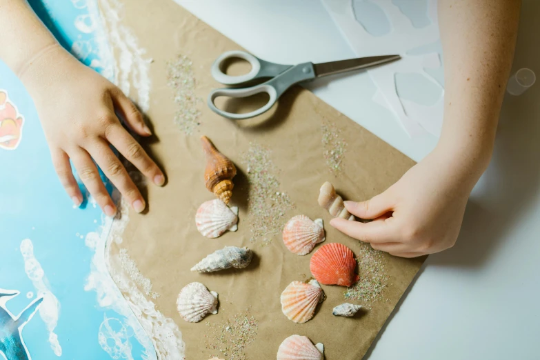 a close up of a person holding a pair of scissors, by Julia Pishtar, pexels contest winner, process art, seashells, cut out of cardboard, papers on table, rock painting