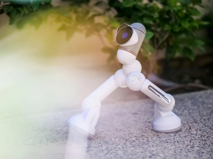 a close up of a camera on a tripod, by Android Jones, unsplash, neo-dada, friendly humanoid insect robot, doing an elegant pose, portal game valve, beautiful surroundings