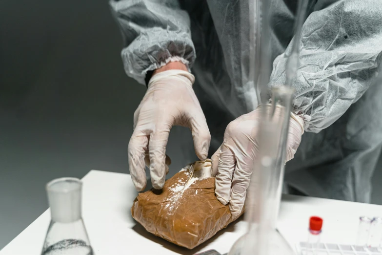 a person in a lab coat holding a heart, inspired by Joseph Beuys, unsplash, process art, brown resin, baking a cake, fluid bag, wearing a brown leather coat