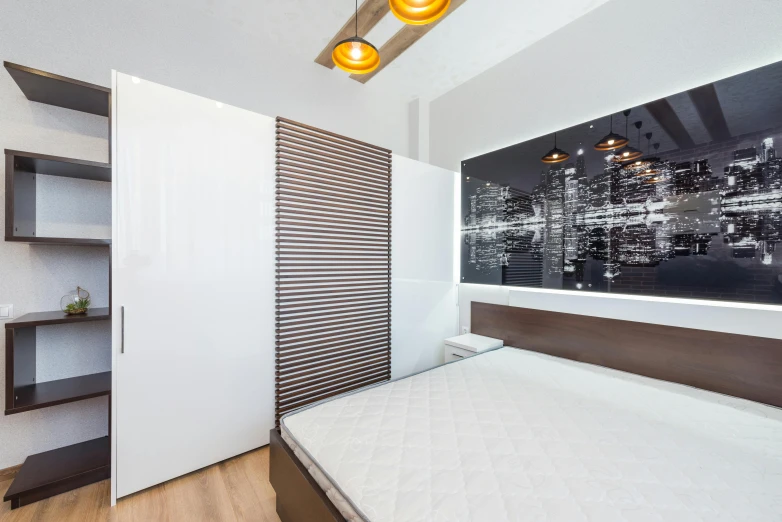a bed room with a neatly made bed, by Julia Pishtar, light and space, office ceiling panels, artyom turskyi, electrical, high gloss