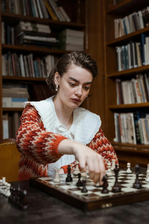 a woman playing a game of chess in a library, a portrait, by Alice Mason, unsplash, lily collins, promo image, russian academic, an film still