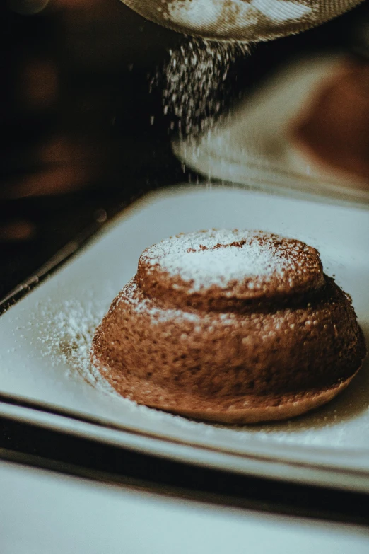 a pastry being sprinkled with powdered sugar, a stipple, by Daniel Lieske, unsplash, renaissance, brown haired, volcano, on a plate, thumbnail