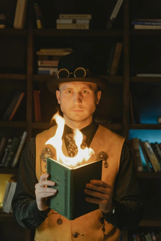 a man standing in front of a bookshelf holding a book, a portrait, reddit, casting a fire spell, steam punk party, high quality photo, yellow light spell