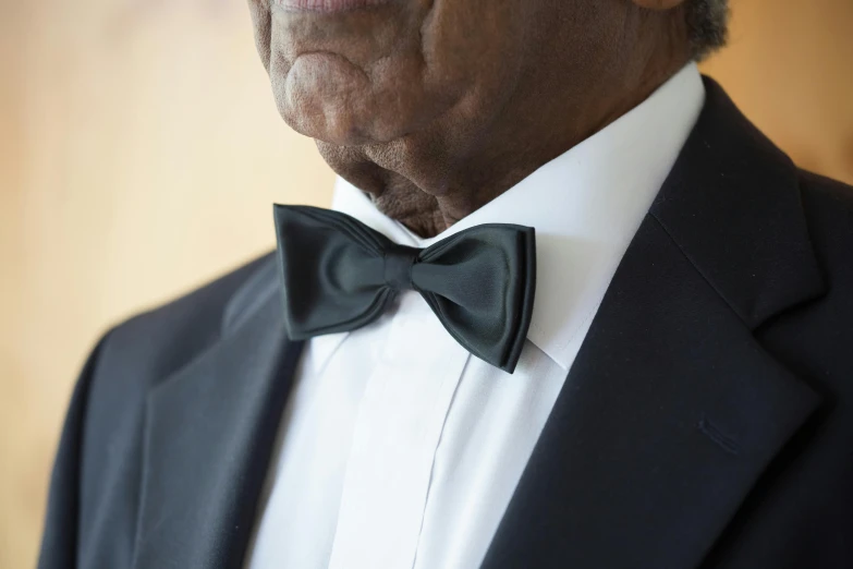 a close up of a person wearing a suit and bow tie, black velvet, ebony wood bow, detailed white, lightweight