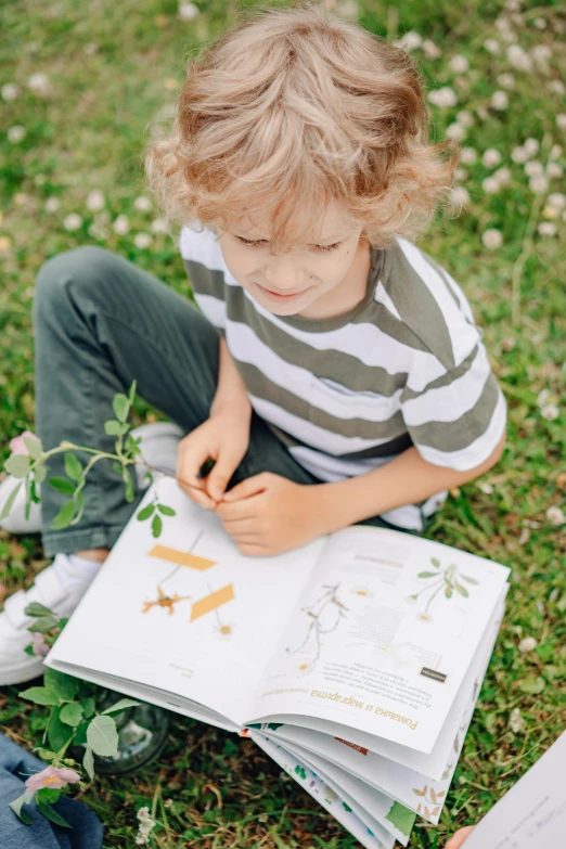 a little boy sitting on the grass reading a book, a child's drawing, inspired by Elsa Beskow, botanical herbarium, with illustrations and diagrams, mini model, thumbnail