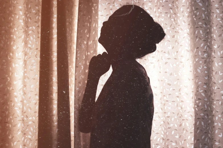 a silhouette of a person standing in front of a curtain, style of ade santora, modest, like a catalog photograph, album