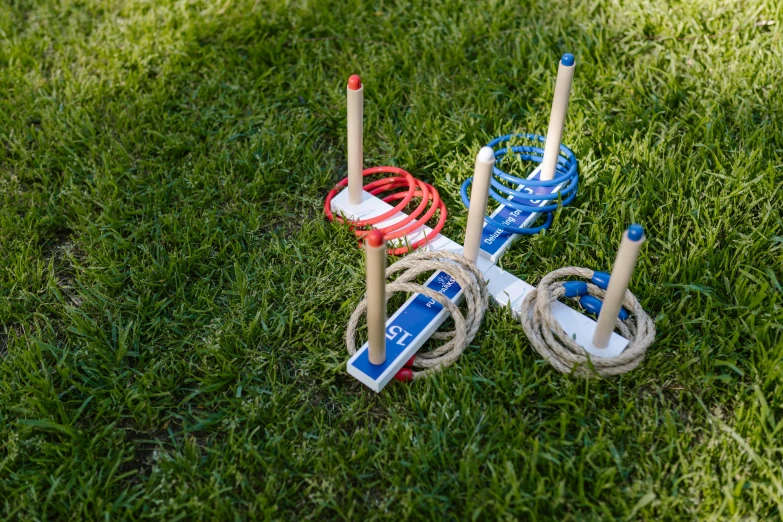 a group of croquets sitting on top of a lush green field, playing games, rings, blue and red two - tone, 4 0 0 mm