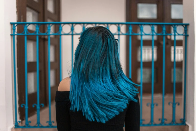 a woman with blue hair standing in front of a balcony, a cartoon, inspired by Elsa Bleda, pexels contest winner, renaissance, ! split hair dye!, gradient blue black, back of the hair, blue metal