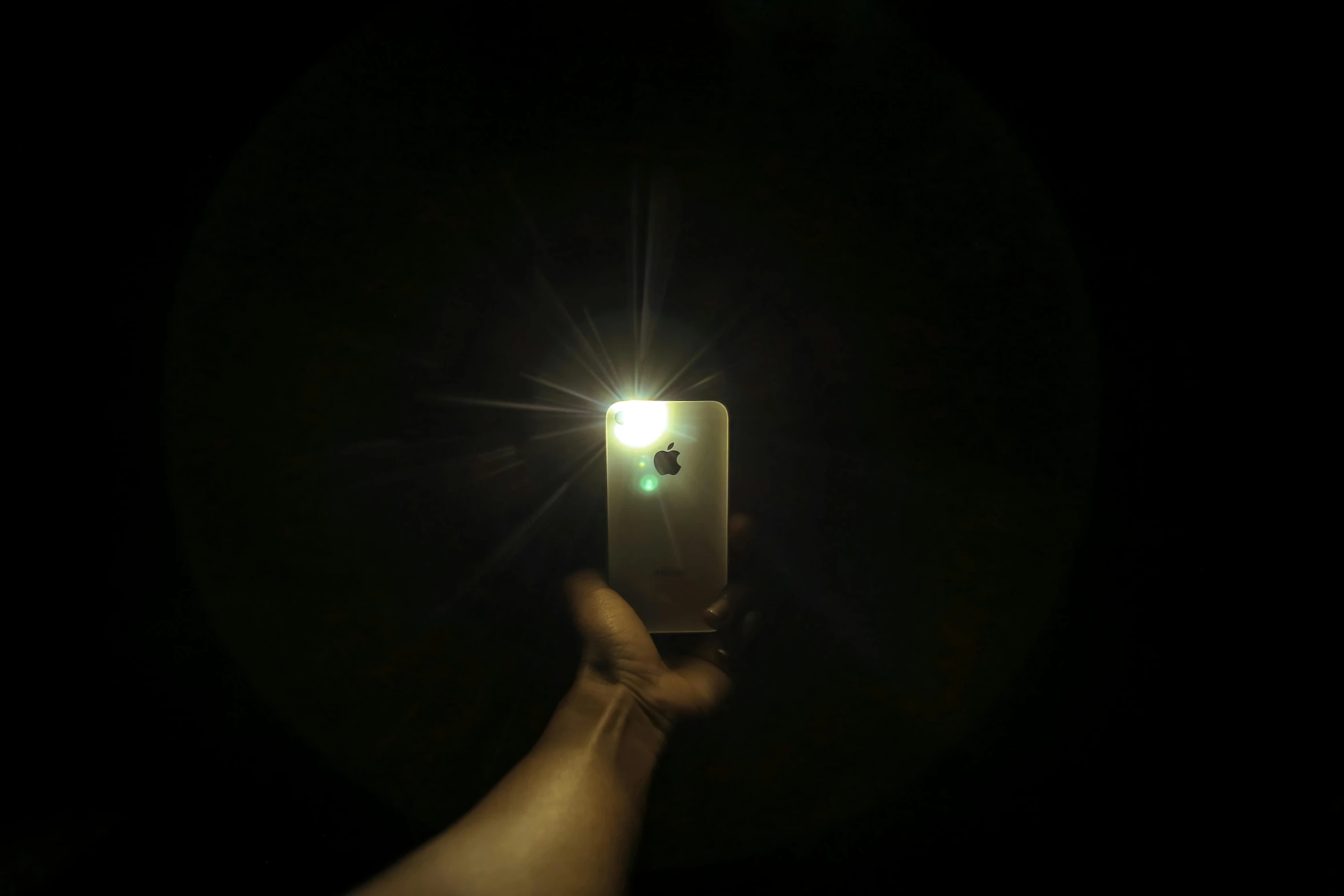 a person holding up a cell phone in the dark, by Niko Henrichon, happening, flashlight, with apple, reflective lens, summer night