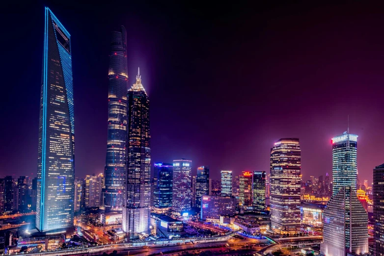 the city skyline is lit up at night, pexels contest winner, chinese building, tall skyscrapers, gigapixel photo, high resolution image