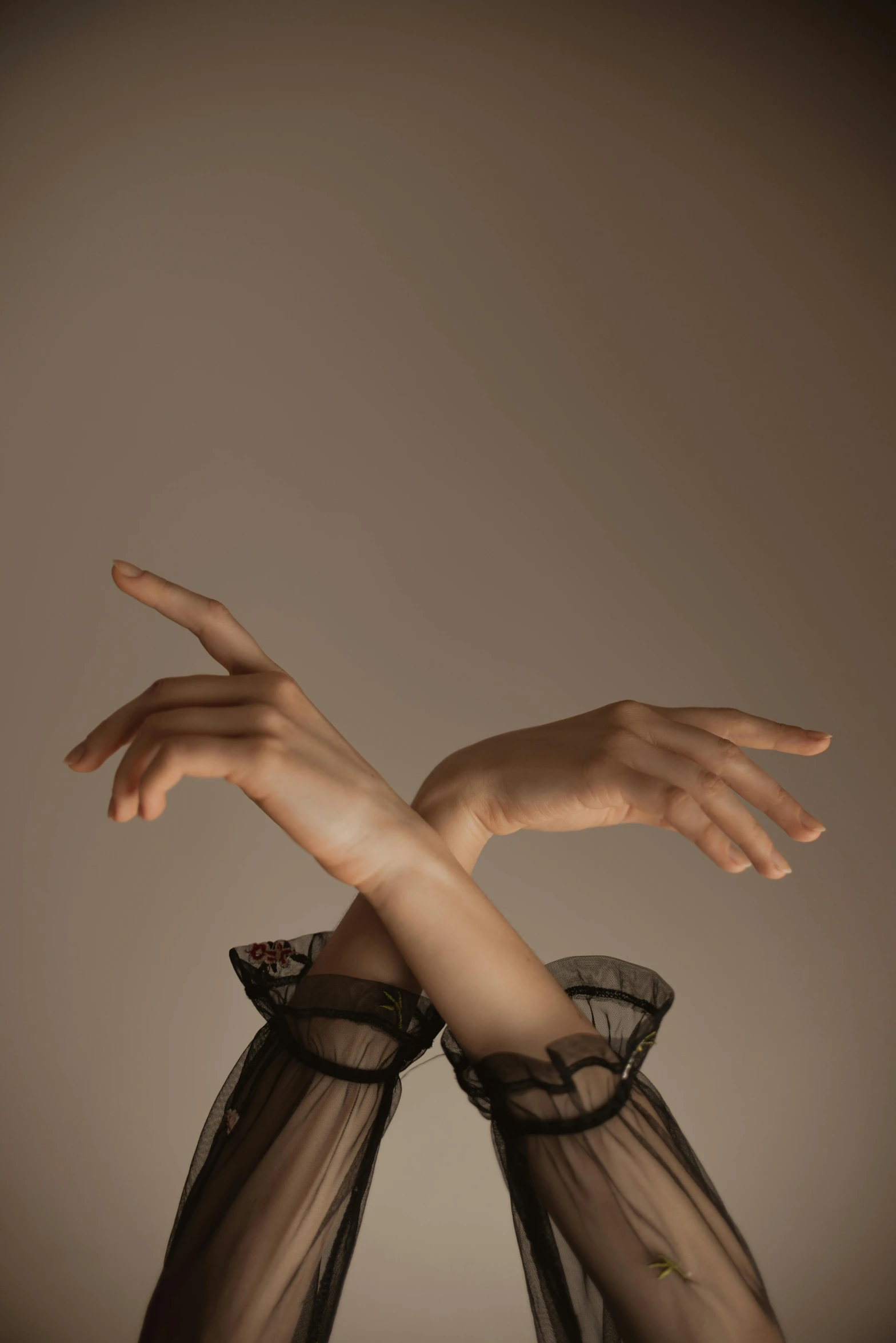 a close up of a person's hands on a table, an album cover, inspired by Anna Füssli, renaissance, ballet style pose, marvelous designer substance, transparent skin, trending photo