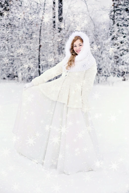 a woman in a wedding dress standing in the snow, wearing fantasy formal clothing, covered!