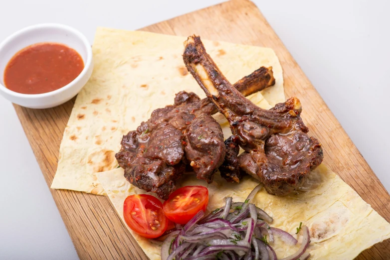 a wooden cutting board topped with meat and veggies, by Julian Hatton, hurufiyya, mutton chops, arabian night, background image