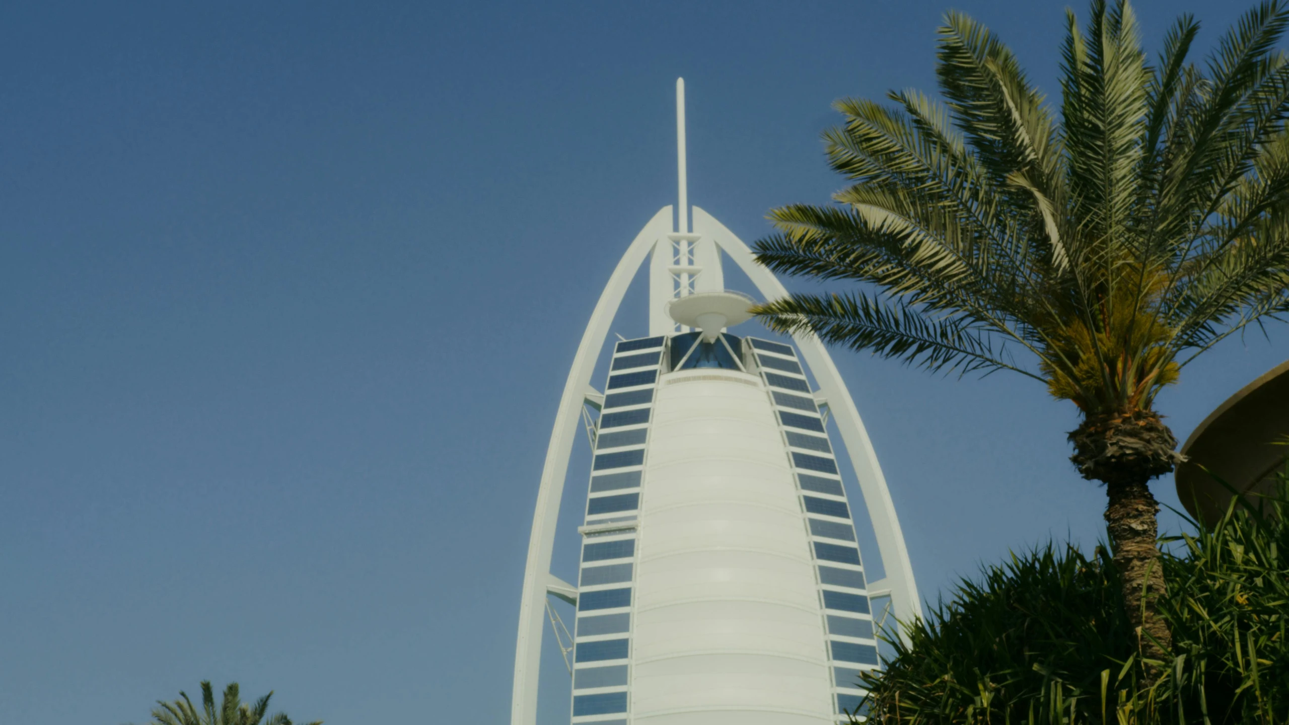 a tall building with a palm tree in front of it, sheik mohammad ruler of dubai, three masts, white sweeping arches, exterior photo