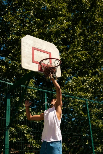 a man standing on top of a basketball court holding a basketball, dunking, in the park, in the sun, netting