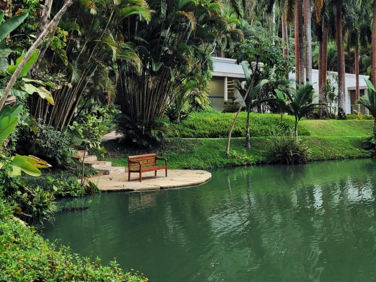 a bench sitting next to a body of water, hurufiyya, lush garden surroundings, colonial style, rainforest, green waters