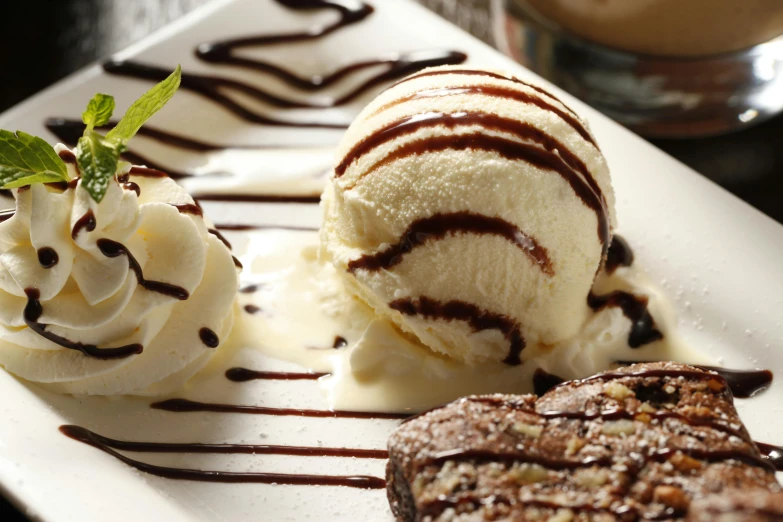 a white plate topped with three scoops of ice cream, renaissance, some chocolate sauce, stockphoto, close - up photograph, cute photo