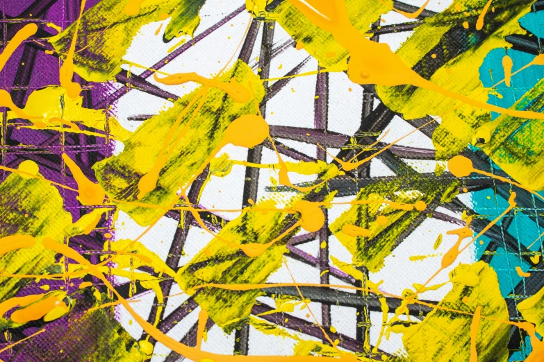 a close up of a painting with yellow paint, an abstract drawing, inspired by Pollock, flickr, purple shattered paint!, on white background, vivid lines, diagonal strokes