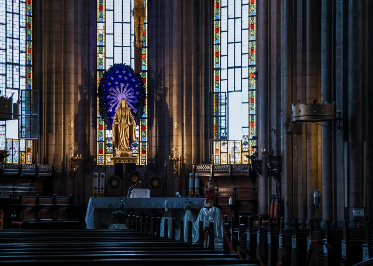 a church with stained glass windows and pews, a picture, by Daniel Lieske, pexels contest winner, statue made of glass, mary in a sanctuary, avatar image, charts