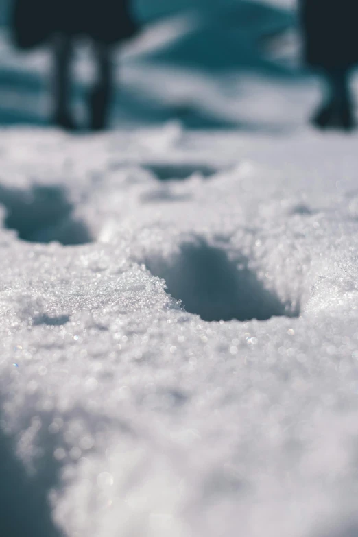 a couple of footprints that are in the snow, an album cover, trending on pexels, holes, close up angle, slightly pixelated, hollow