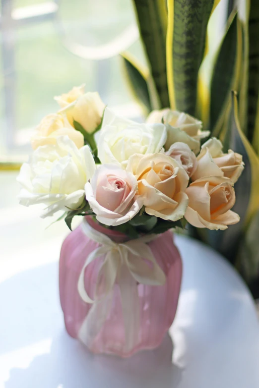 a pink vase filled with white and pink flowers, natural point rose', chiffon, honey, most popular