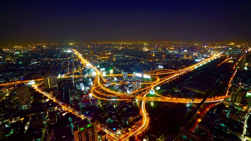 an aerial view of a city at night, pexels contest winner, thailand, square, ultrawide lens”