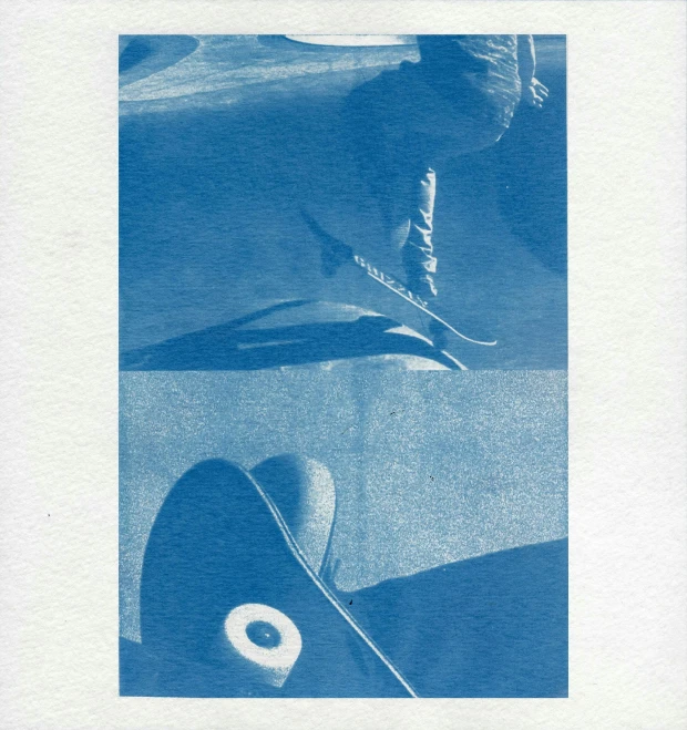 a man flying through the air while riding a skateboard, a screenprint, inspired by László Moholy-Nagy, dada, cyanotype, blue submarine no 6, portait image