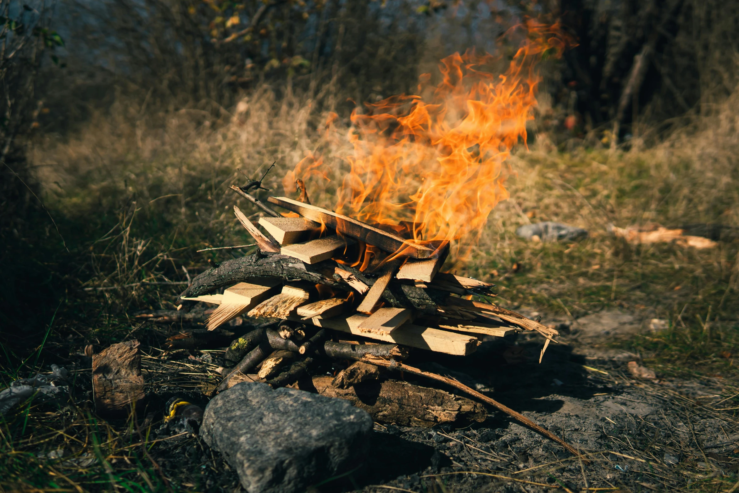 a pile of wood sitting on top of a grass covered field, unsplash, land art, flaming leaves, avatar image, campfire, profile image