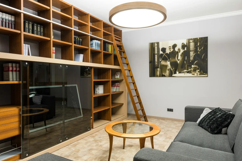 a living room filled with furniture and a ladder, by Alexander Fedosav, unsplash, modernism, neo kyiv, reading nook, boy's room, journalism photo