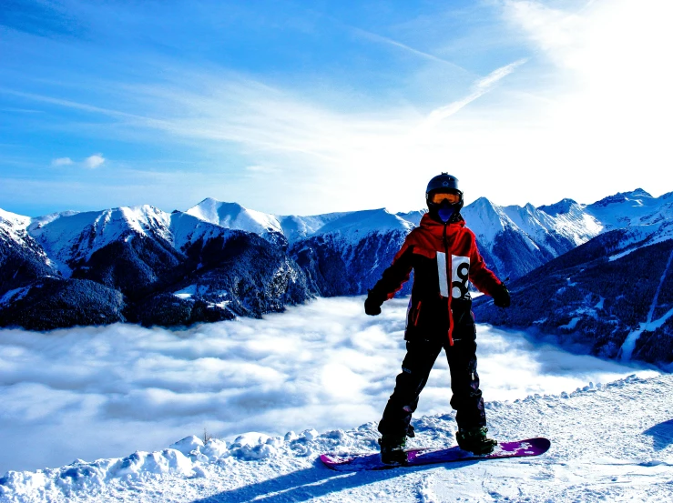 a man riding a snowboard on top of a snow covered slope, by Julia Pishtar, standing on a cloud, looking at the mountains, ski masks, educational