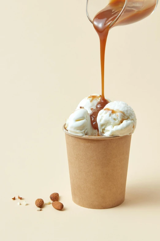 a person pouring caramel into a cup of ice cream, renaissance, detailed product image, caramel. rugged, thumbnail, ny