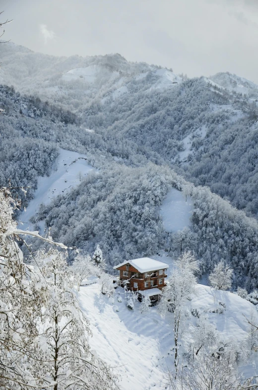 a house sitting on top of a snow covered mountain, inspired by Peter Zumthor, pexels contest winner, renaissance, lush forest in valley below, turkey, tochigi prefecture, february)