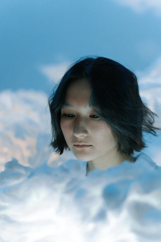 a woman looking at her cell phone in the clouds, an album cover, inspired by Fei Danxu, man portrait made out of ice, kiyoko suzuki, with unreal engine, (snow)