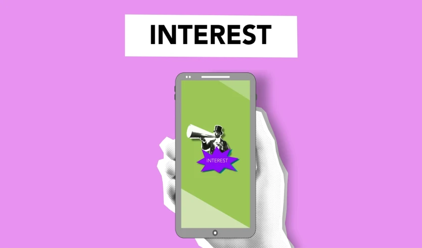 a person holding a cell phone with the words interest on it, inspired by Ernest Hébert, pinterest, interactive art, android format, photography of kurzgesagt, billboard image, icon