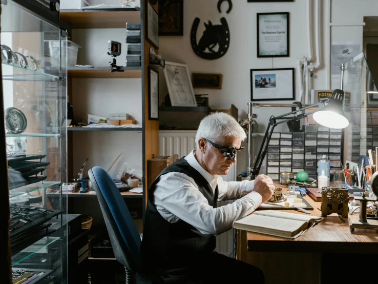 a man sitting at a desk writing on a piece of paper, by Kristian Zahrtmann, pexels contest winner, arbeitsrat für kunst, wearing victorian brass goggles, rene lalique and eddie mendoza, professional gunsmithing, portrait of a old