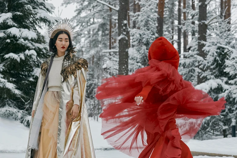 a couple of women standing next to each other in the snow, an album cover, pexels contest winner, magical realism, silver armor and red clothing, in an arctic forest, haute couture, youtube thumbnail