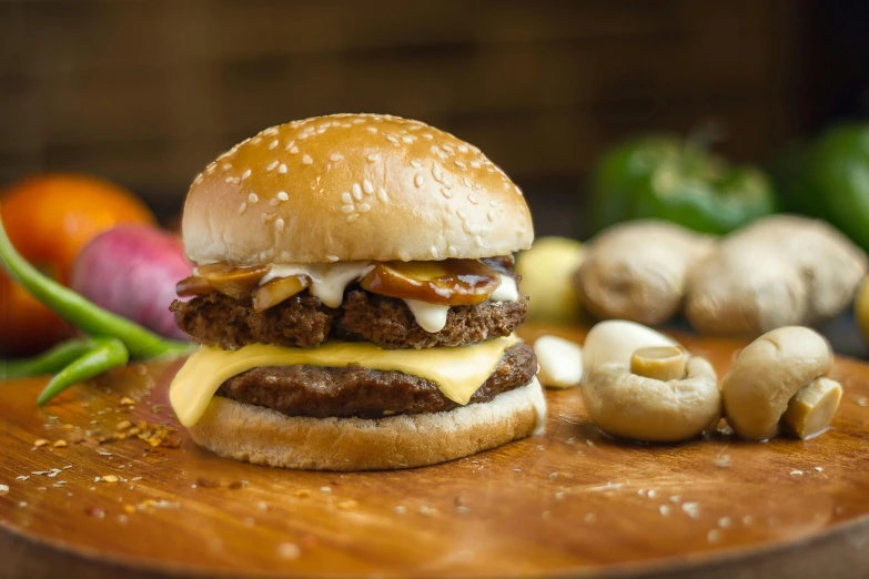 a hamburger sitting on top of a wooden cutting board, by Julia Pishtar, golden arches, giant mushroom, malaysian, profile image