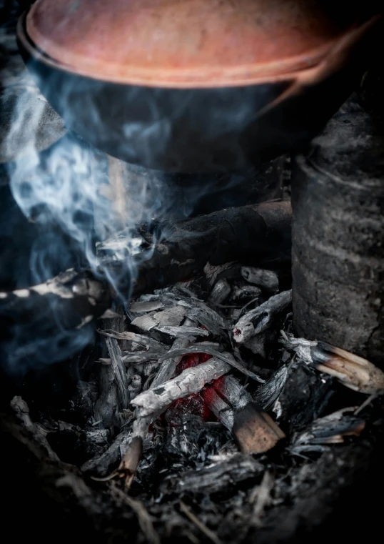 a pot sitting on top of an open fire, by Jan Tengnagel, unsplash contest winner, renaissance, barbecuing chewing gum, detail shot, “ iron bark, prize winning color photo