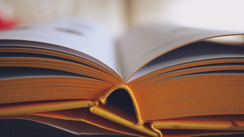 an open book sitting on top of a table, yellow, up-close, thumbnail, open books