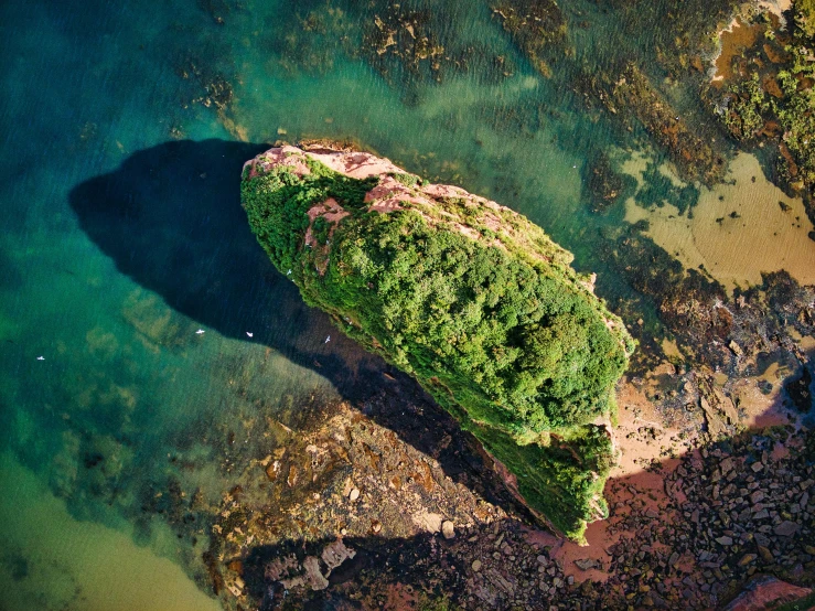 a large rock in the middle of a body of water, by Peter Churcher, unsplash contest winner, land art, nothofagus, bird\'s eye view, a green, shipwrecks