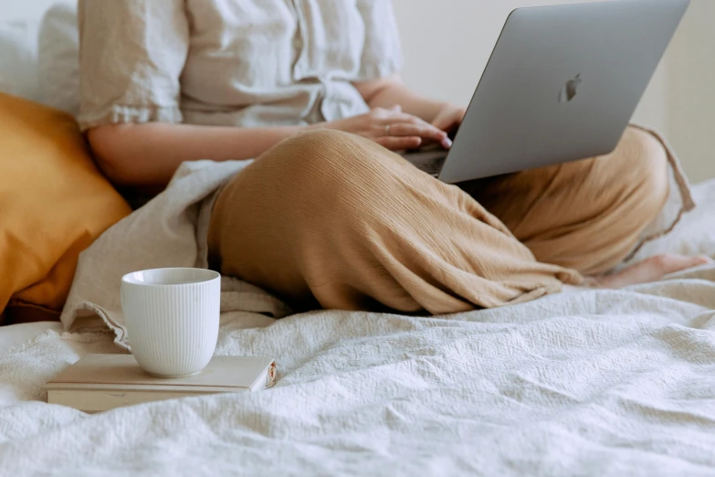 a woman sitting on a bed using a laptop, trending on pexels, next to a cup, brown, wearing simple robes, soft and detailed