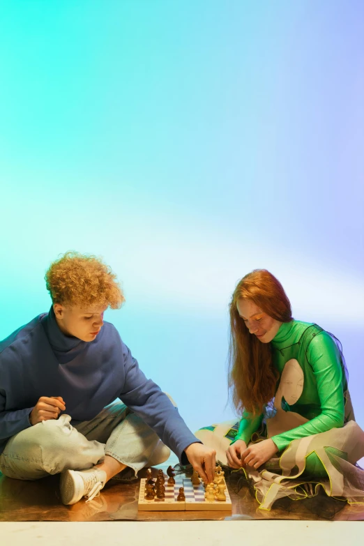 a man and a woman playing a game of chess, an album cover, by Julia Pishtar, trending on pexels, red haired teen boy, slime, green and blue, hr ginger