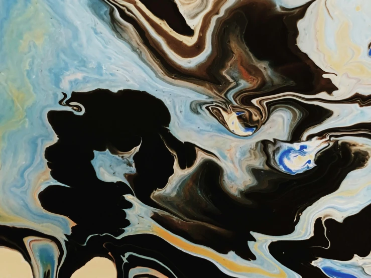 a painting with black, white, and blue colors, an abstract painting, unsplash, marble reflexes, dark chocolate painting, hallucinatory art, liquid clouds