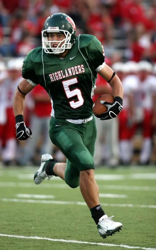 a man running with a football on a field, by Brad Holland, wearing green armor and helmet, digital photo, sports, high-details