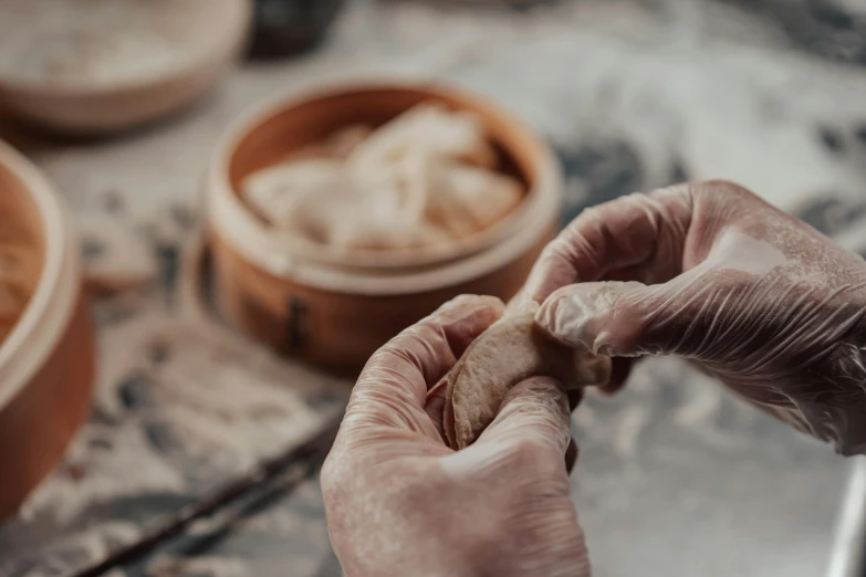 a person holding a piece of bread in their hands, a portrait, inspired by Cheng Zhengkui, trending on pexels, dumplings on a plate, crafting, hands pressed together in bow, stitching