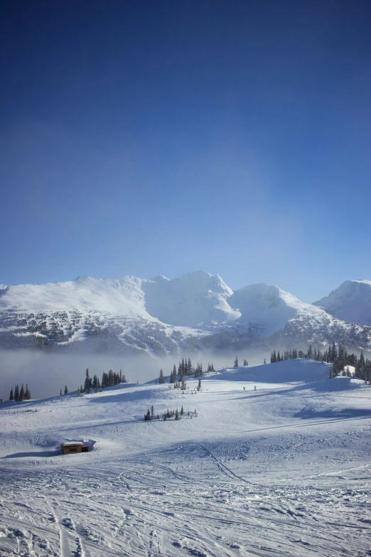 a person riding skis on top of a snow covered slope, whistler, gigantic landscape!, “ golden chalice, covered in clouds